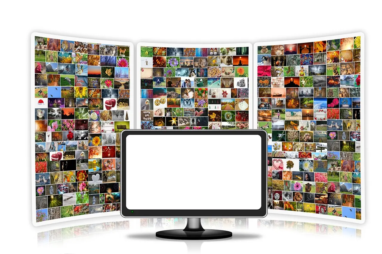 image of a blank white monitor with a background showing many pictures of many different things.