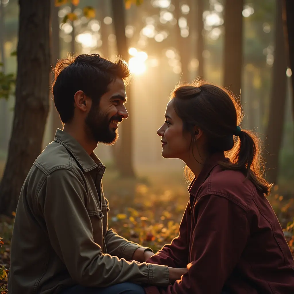 A couple in the woods being authentic